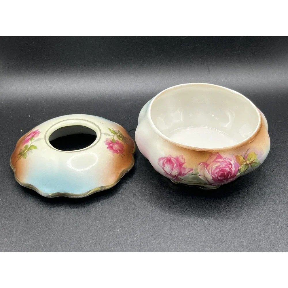 Vintage Porcelain Hand Painted Hair Receiver‎ / Vanity Dresser Jar